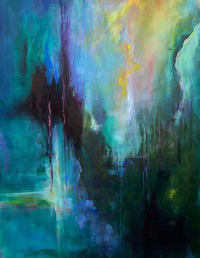 Large contemporary abstract painting in teal, green, and blue tones suggesting waterfall, mist, and reflected water with vertical movement and light