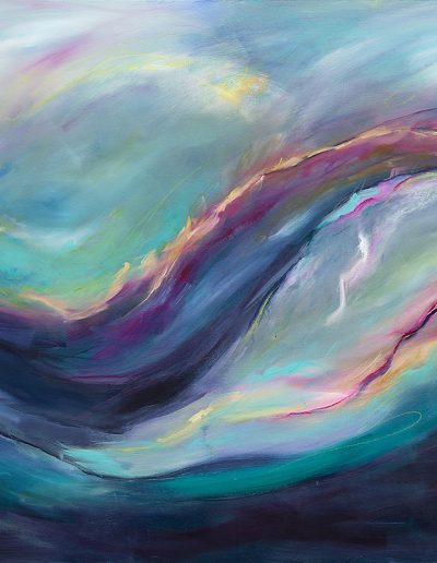 Abstract painting with a large wave cresting in front of the horizon